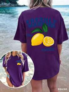 FRESHLY SQUEEZED Casual Lemon Vacation Atmosphere Graphic Oversized Round Neck Short Sleeve-Shirt WomenUnisex Casual-Shirts - 紫色 - 查看 3