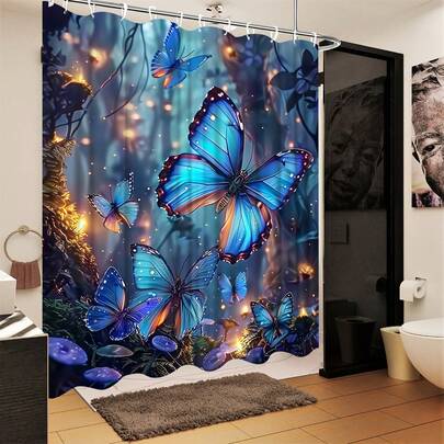 魔法森林蓝蝴蝶与发光仙子涤纶浴帘，70.87x70.87 英寸，带挂钩 - 仅限手洗，浴室装饰，梦幻浴室，耐用浴帘，浴室浴帘套装