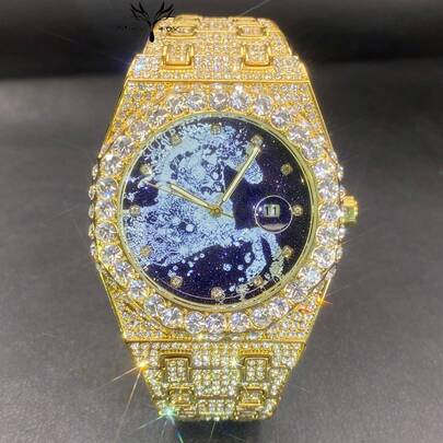 Fashionable Iced Luxury Fully Iced-Out Men's Watch, Horse Year Horse Element Starry Dial, Hip Hop Party Watch, Unisex