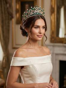 1 chiếc vương miện vàng kiểu Baroque sang trọng đính đá quý màu xanh ngọc lục bảo, vương miện cô dâu pha lê lấp lánh, phụ kiện đội đầu cỡ lớn nổi bật cho đám cưới, dạ hội, sinh nhật, cuộc thi sắc đẹp, quà tặng mùa hè, bãi biển. - Nhiều màu - Xem 3