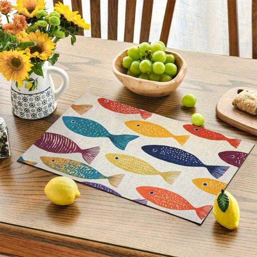 4/6pcs Set Colorful Fish Pattern Placemats, 12X18 Inches, Suitable For Kitchen Dining Decor, Home Decoration, Family Dinner Table Setting, Party Decor - 11.81*17.72inch - View 1