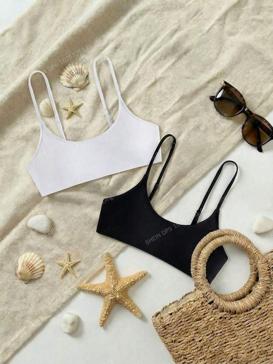 Sweetra Summer Beach Solid Color Bikini Top (2 Pieces) - Black and White - View 1