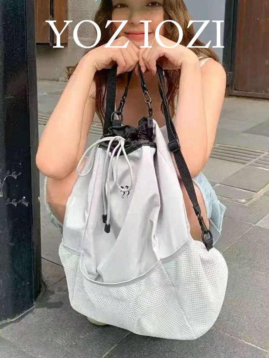 Mochila de viaje para volver a la escuela, adecuada para estudiantes universitarios y de secundaria, resistente al agua, ligera, con cuentas, cierre de cordón, gran capacidad, bolsa casual para estudiantes mujeres - Gris - Ver 1