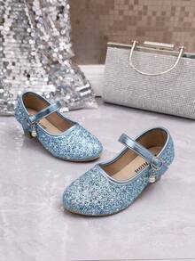 1 Đôi Giày Cao Gót Lấp Lánh Thời Trang Cho Bé Gái, Giày Biểu Diễn Khiêu Vũ Mũi Tròn Đế Bằng, Giày Công Chúa, Hàng Mới Về - Màu xanh lam - Xem 5