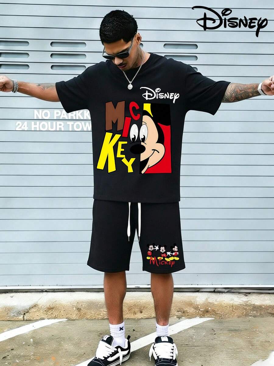 Disney Mickey Mouse Big Face Block Letter Graphic T-Shirt & Shorts Set, Mickey Mouse Casual Outfit For Men - Black - View 1