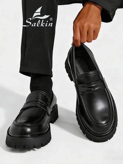 Salkin New British Style Designer Men's Slip-On Penny Loafers, Vintage Vibe, Soft & Comfortable, Round Toe, Elegant Formal Leather Dress Shoes, Matte Black, Non-Slip Thick Sole, Suitable For Casual, Date, Party, Wedding, Groom, Spring/Summer/Fall. Size Runs Small, Please Order One Size Up.