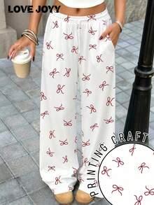 Pantalones anchos de pierna ancha de cintura alta con estampado de lazo rojo dulce casual de LOVE JOYY para mujer, con cintura con cordón elástico, rectos y sueltos, con bolsillos, adecuados para salidas diarias de verano, trabajo, citas, vacaciones - Multicolor - Ver 6