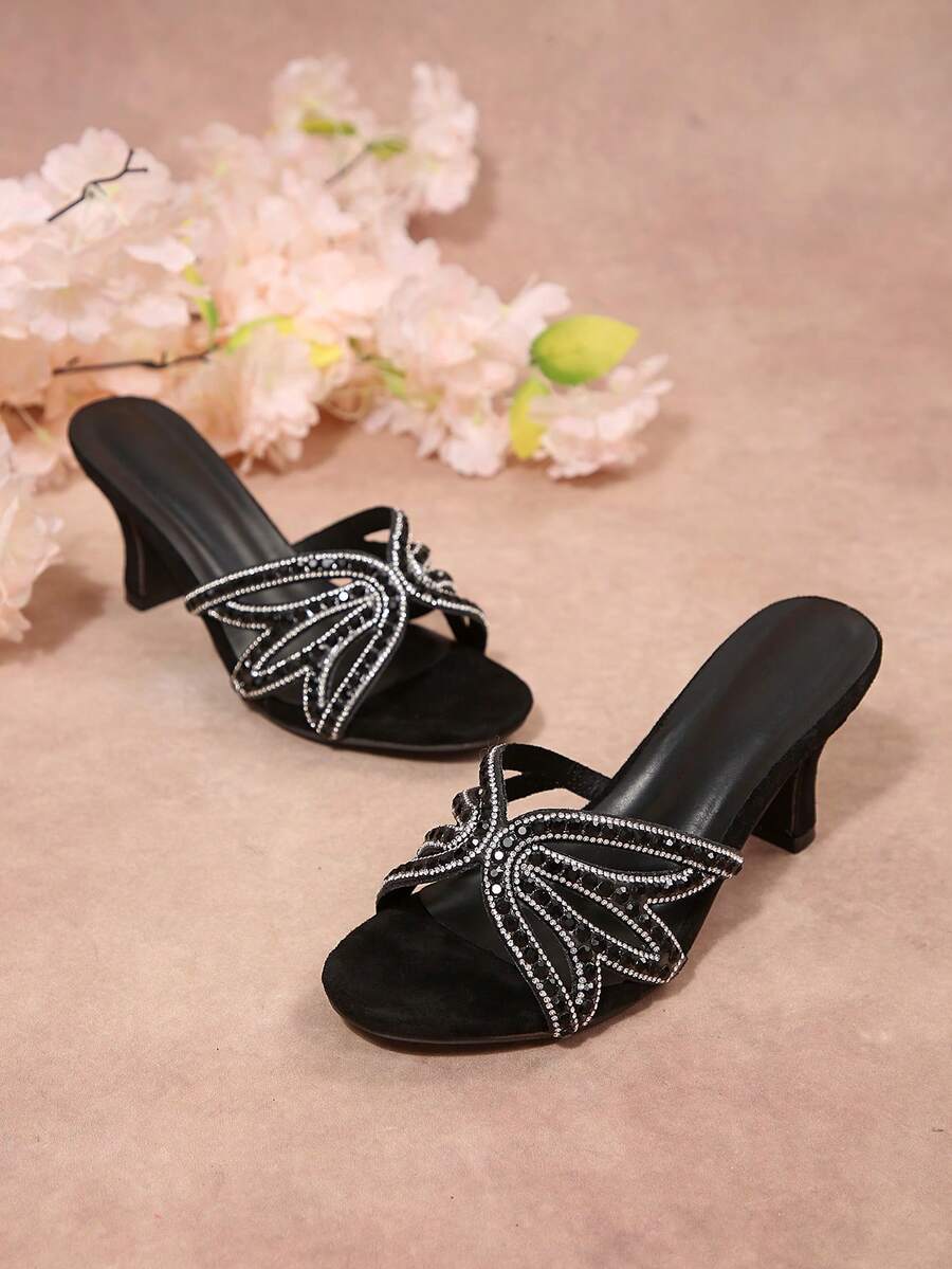 2026 Summer New Butterfly Rhinestone High Heel Mules, Elegant Thin Heel Slip-On Sandals For Women
