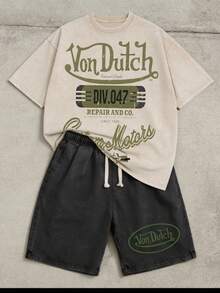 Washed T-Shirt And Shorts Set Div 047 Repair And Co Print Soft Comfortable Perfect For Daily Outfits Outdoor Activities Fitness And Travel Resistant To Dirt Easy To Clean Easy To Put On And Take Off Fashionable Versatile Ideal Gift For Relatives And Friends High End Texture - 黑色 - 查看 1