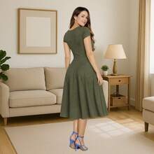 Midi Dress Godê Flared Social Congress Short Sleeve Evangelical Fashion Crepe Mesh - xanh quân đội - Xem 4