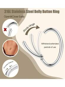 14G 肚脐环 316L 医用钢肚脐圈 透明立方氧化锆蛋白石肚脐环 卡扣式肚脐穿刺饰品 8mm 10mm 12mm 14mm - Clicker Belly Button Rings - 查看 2