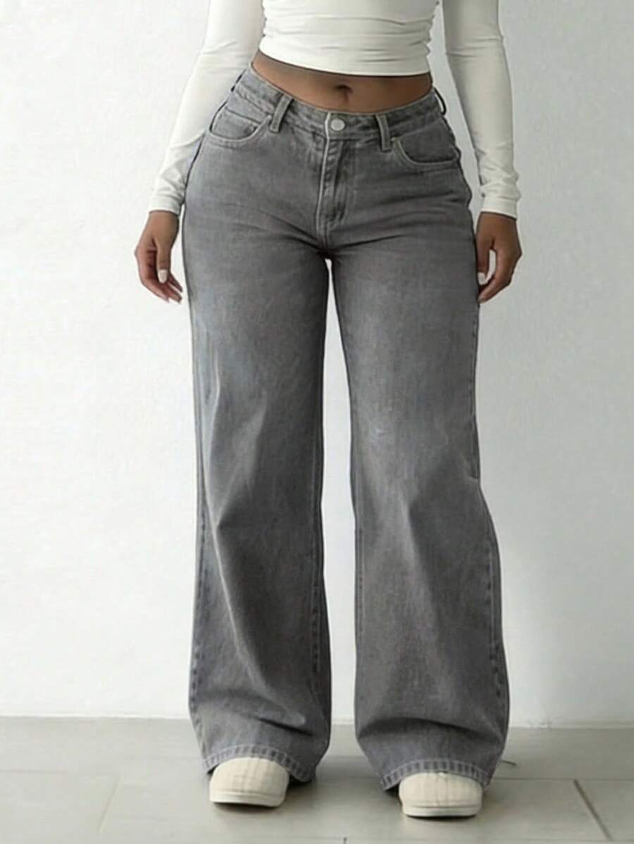 Plus Size Women Casual Fashion Washed Loose Fit Jeans Spring - Grey - View 1