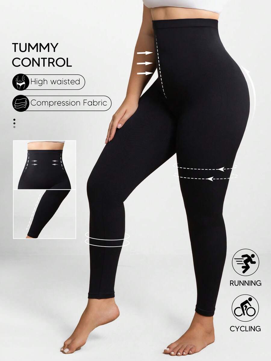 Women's Plus Size High Waist Butt Lift Tummy Control Stretch Shapewear Compression Blacklack Leggings - màu đen - Xem 1