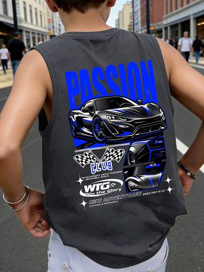 Áo tank top không tay kiểu racerback dành cho nam thiếu niên, in hình siêu xe và họa tiết đồ họa, dáng rộng, phong cách đường phố thường ngày cho mùa hè trở lại trường học.