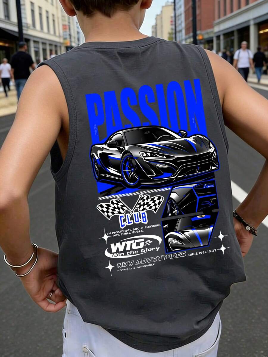 Áo tank top không tay kiểu racerback dành cho nam thiếu niên, in hình siêu xe và họa tiết đồ họa, dáng rộng, phong cách đường phố thường ngày cho mùa hè trở lại trường học. - Màu xám đen - Xem 1