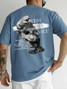 Men's Abstract Sculpture Portrait Printed Black Short Sleeve Cotton T-Shirt - Dusty Blue - View 4