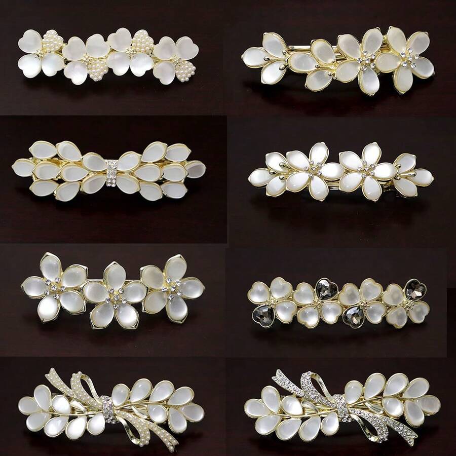 1个大号弹簧夹简约花朵仿猫眼发夹，马尾辫发饰，成人款，爪夹 - 白色 - 查看 1