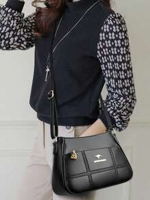 高端大容量柔软真皮女士饺子包，时尚多功能单肩斜挎包，中年妈妈包，手提包 - 黑色 - 查看 3