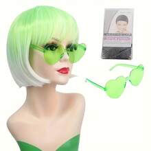 Cyberpunk Bob Wig & Glasses Set - 20+ Neon Colors With Adjustable Fringe | Multi-Tone Synthetic Hair For Cosplay, Rave, Halloween & Daily Bold Fashion (Hot Red/Lime Green/Orange/Light Pink/Plum Purple/Neon Blue/Neon Lilac/Golden Blonde/Black) - 薄荷綠 - 查看 2