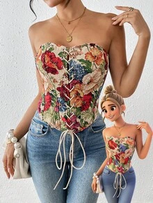 Áo ôm sát không tay in hoa, không dây vai - Nhiều màu - Xem 4