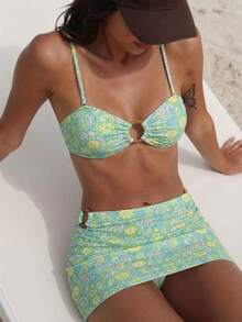 Mint Green Floral Print Bikini Set With Coverup And Skirt, Summer Beach Holiday Vacation - Multicolor - View 1