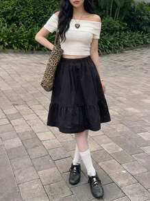 Rikumo 日系休闲黑色半身裙，带口袋，A字裙摆设计，春季款 - 黑色 - 查看 1