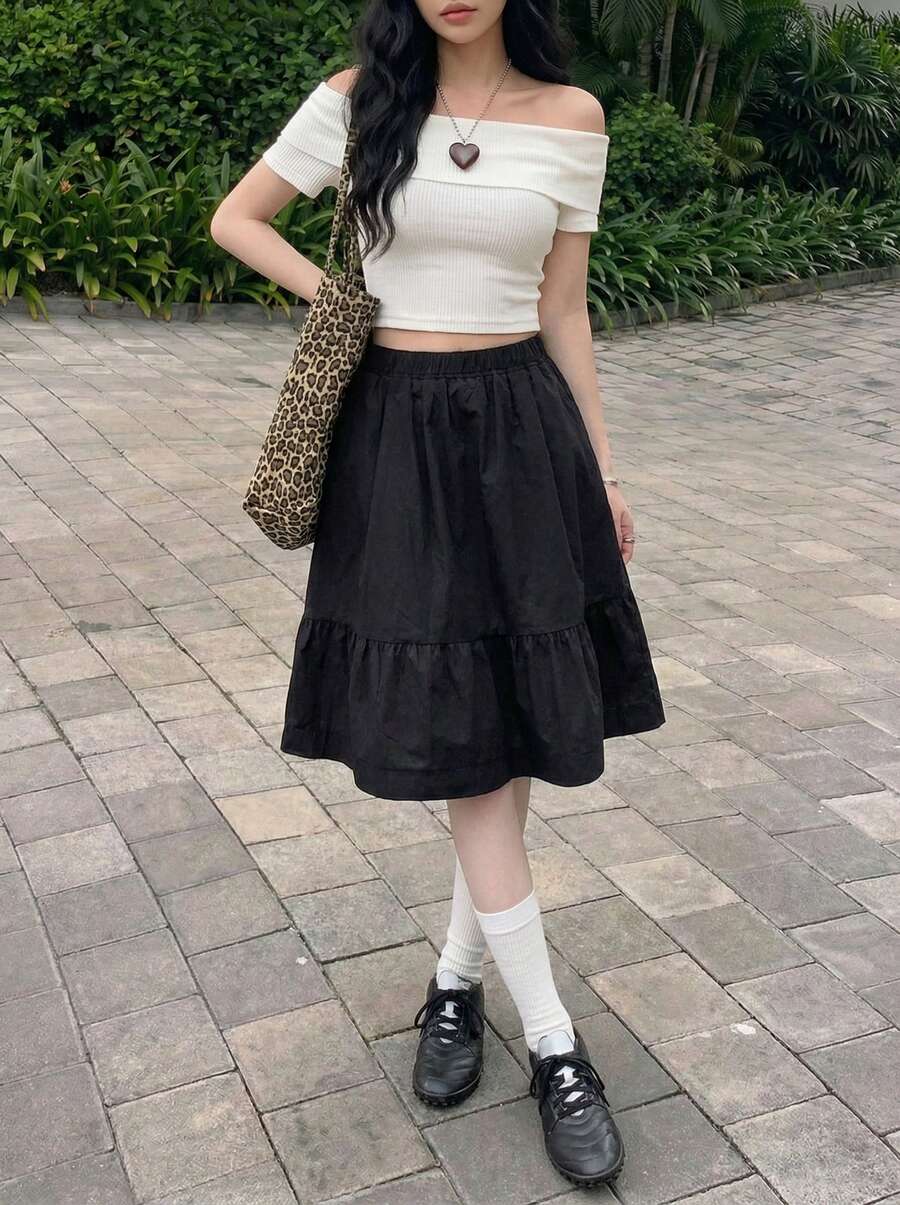 Rikumo 日系休闲黑色半身裙，带口袋，A字裙摆设计，春季款 - 黑色 - 查看 1