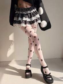 1 Pair Large Polka Dot Stockings, Fashionable Boho Style Dot Print, Ultra-Thin Sheer Tights, Sexy Pantyhose For Women - Black and White - View 8