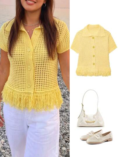 ACKCER Damen Sommer Mode Fransen Dekor Karomuster Kurzarm Casual Strick Cardigan Frühling
