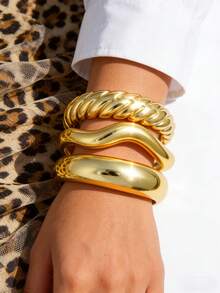 3 Stücke/1 Stück modisches, elegantes, übertriebenes Vintage Batik Harz Armreif Set, asymmetrischer geometrischer Wellen-Kurven-Offener Manschetten-Armreif, einzigartiger klobiger Schmuck geeignet für Frauen & Männer, ideal für Sommer Strand, Party, Alltag - Verschiedenfarbig - Übersicht 4