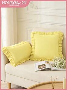 1pc Honeymoon Series Ruffled Quilted Throw Pillow Cover - Made Of Polyester Velvet Fabric, Romantic French Style Ruffled Pillow Sham (Pillow Insert Not Included), Envelope Closure, Wrinkle-Resistant, Machine Washable, OEKO-TEX Certified, Light Yellow - Pale Yellow - View 2