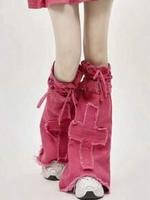 1pc Autumn/Winter Y2K Sweet Cool Hot Girl Black Denim Leg Warmers Slimming Drawstring Punk Cross Boot Covers Flared Socks Fashion  Clothing Accessories - Màu xanh lam - Xem 4