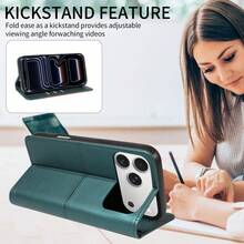 RFID屏蔽磁吸翻盖钱包式手机壳，仿皮材质，柔软商务防震保护套，适用于三星Galaxy A17 - 綠色 - 查看 4