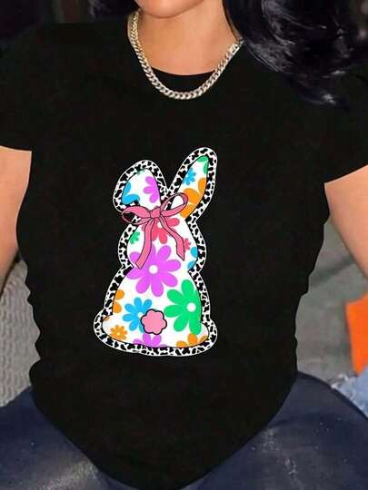 %  Floral Dalmatian Easter Bunny Coquette Bow Happy Easter Day-Shirt Women's Men's Graphic Tee Crew Neck Summer Vacation Tops