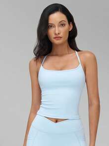 MFVIM 女士夏季运动上衣，U 领镂空透气舒适休闲运动衫，适合户外慢跑、骑行、普拉提、瑜伽、健身房锻炼等多种运动场合。 - 天藍色 - 查看 11