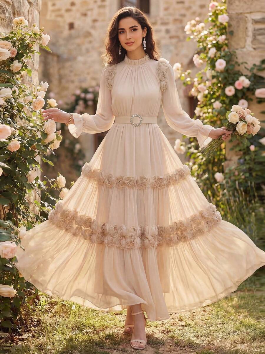 Women's Solid Color Stand Collar Dress With 3D Floral Decor (Floral Density Varies), Comes With Rhinestone Belt, Elegant Long Sleeve Maxi Dress, Suitable For Various Occasions Like Parties And Banquets Spring Wedding Party - Apricot - View 1
