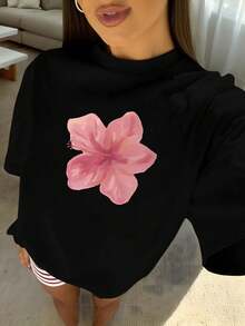 1pcs Plus Size Women's Loose Fit T-Shirt, Printed With Watercolor Pink Hibiscus Flowers, Perfect For Tropical Vacations, Beach Dates, Summer Parties - 黑色 - 查看 9