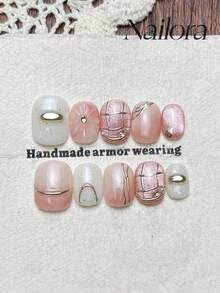 10pcs Handmade Nails Square Nails Acrylic Press On Nails Short, Gentle Pink White Nails, Flashy Cat-Eye, Hand-Painted 3D Carved Flower Embossed Floral Check Pattern Irregular Metallic Lines, Pearl Inlaid, Simple Elegant Luxury Spring Nails,Summer Press On Nail, DIY False Nail Art Party Daily & Dating Suitable Use In Work Setting Reusable, For Women & Girls As Gift Nail Supplies - Pink - View 10