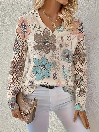 Suéter de punto con escote en V, estampado floral vintage, calado, uso casual y versátil, elegante y delicado, para primavera/otoño