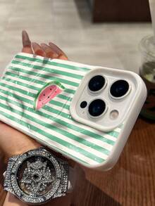 1 chiếc ốp lưng tương thích với iPhone 17/16 Pro Max/15 Plus/14 Pro, phong cách mùa hè tươi mát, chất liệu TPU nhăn, kiểu dưa hấu, họa tiết sọc xanh trắng và lát dưa hấu, chống sốc toàn diện, các đường cắt chính xác. - trắng - Xem 2