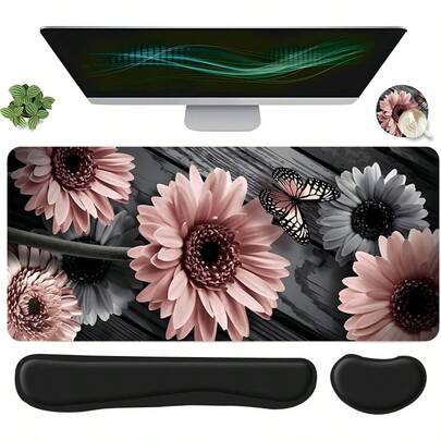 Bộ 4 tấm lót chuột chơi game cỡ lớn thiết kế hoa cúc Gerbera và bướm, bao gồm kê cổ tay bàn phím, kê cổ tay chuột công thái học và đế lót ly, thảm trải bàn máy tính cỡ lớn có hỗ trợ cổ tay, lý tưởng cho văn phòng tại nhà, chơi game và trang trí bàn làm việc.