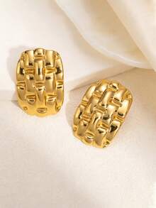 1 Pair New Asymmetrical Oval Textured Lightweight Fashionable Jewelry Stainless Steel Earrings, Suitable For Daily Wear All Year Round - Gold - View 2