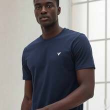 Voker Men's 100% Cotton Slim Fit Plain Basic Casual Everyday T-Shirt. Men's T-Shirt That Doesn't Shrink Or Fade. - Màu xanh hải quân - Xem 1