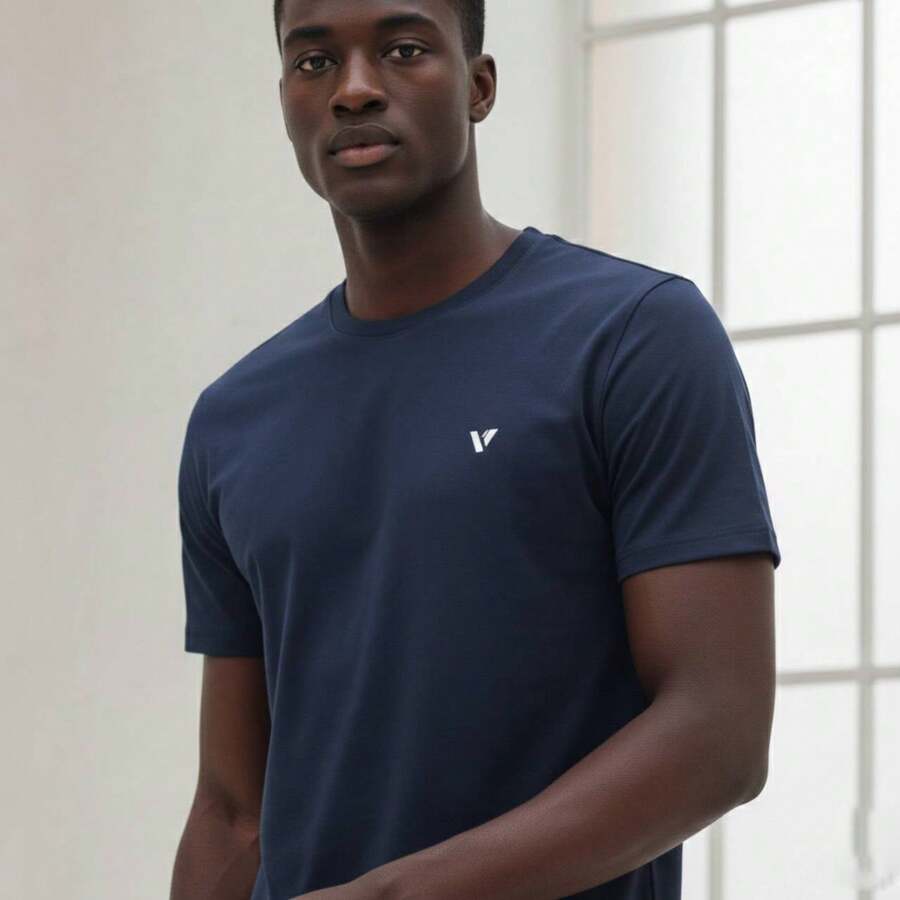 Voker Men's 100% Cotton Slim Fit Plain Basic Casual Everyday T-Shirt. Men's T-Shirt That Doesn't Shrink Or Fade. - Màu xanh hải quân - Xem 1
