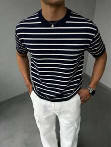 GRDR Men's Casual Navy Blue & White Striped T-Shirt - Simple & Fashionable Short Sleeve For Summer - Navy Blue - View 4