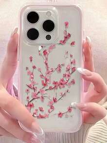 粉色梅花图案个性化透明二合一软边加厚防震TPU极简手机壳，兼容 11/12/13/14/15/16/17 Pro Max/Plus，优雅礼物，保护套 - 粉色 - 查看 2