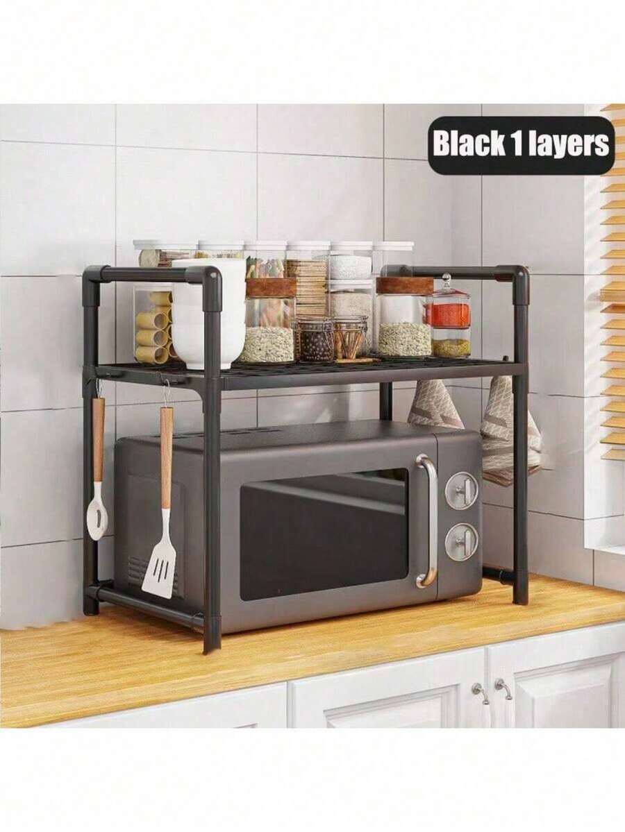 1 Piece Microwave Rack, Expandable Microwave Shelf, Countertop Kitchen Utensil And Cutlery Storage Rack, Carbon Steel Microwave Rack With Hooks - Multicolor - View 1