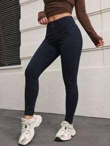 Pantalón Ajustado Negro de Talle Alto: Silueta Ceñida y Botonadura Frontal Decorativa, Denim Elástico para un Ajuste Cómodo y Versátil. - H2VA41 negro - Ver 5
