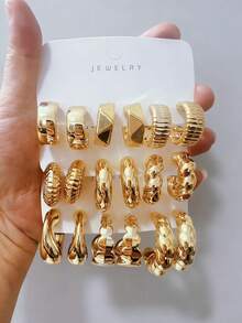 3-9 Pairs Luxury Gold Stud Earrings & Hoop Earrings Set, Smooth Geometric, Textured, Twisted Designs... Thickly Electroplated, Non-Fading, Hypoallergenic, Suitable For Commuting To Dates, Each Style Adds Fashionable Ambiance, Stackable Or Wear Individually - Gold - View 7
