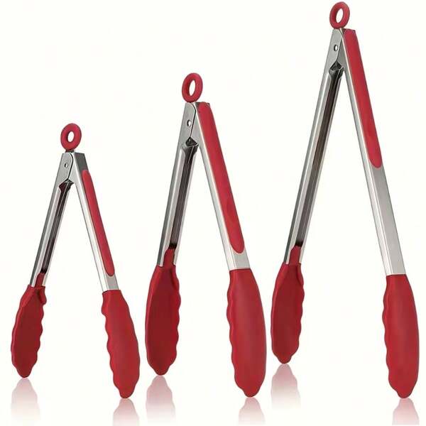 3 pièces Pinces à barbecue pointues, convenant pour la cuisson, le grillage, les salades, la cuisson au four et le service, avec poignées rouges. Outil de cuisine essentiel, nécessité pour le barbecue extérieur (disponible en 3 tailles)